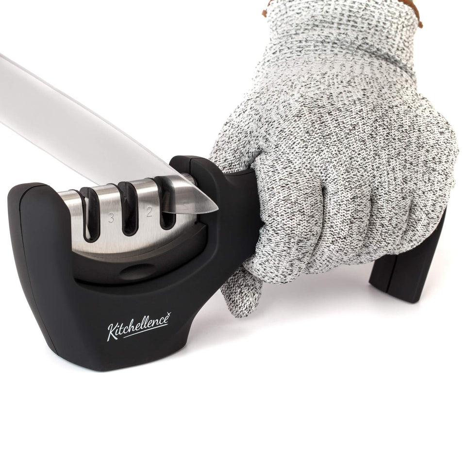 Kitchellence 4-in-1 knife sharpener with diamond rod repairs dull blades.