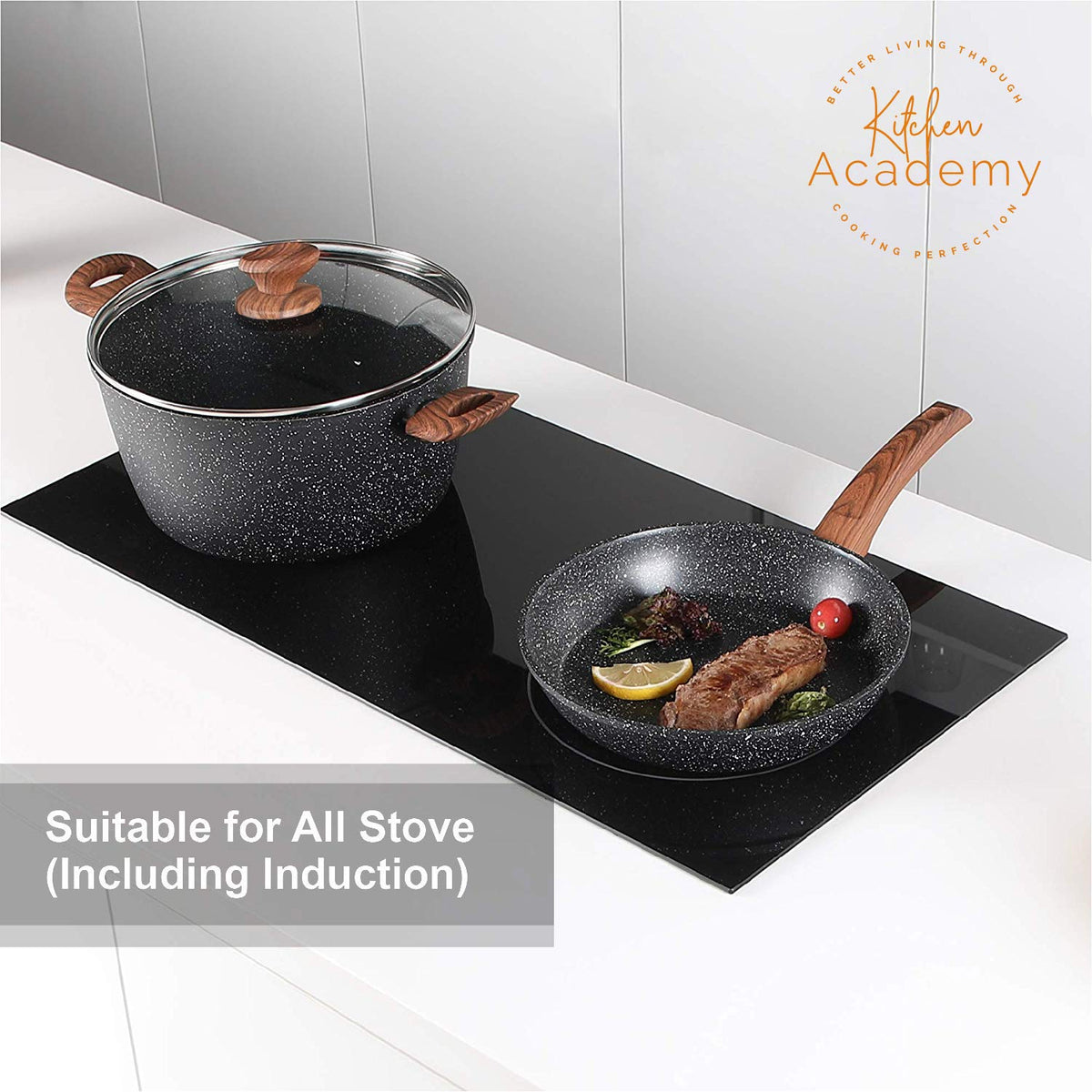 Kitchen Academy 11-inch fry pan offering even heating on all cooktops.