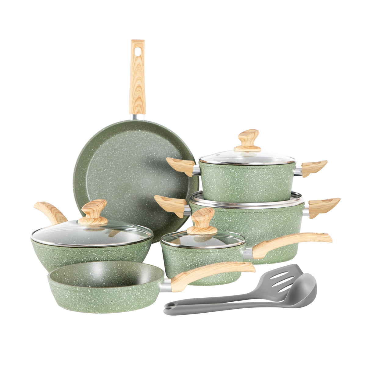 Kitchen Academy 12-piece set with green granite coating for easier, lower-oil cooking.