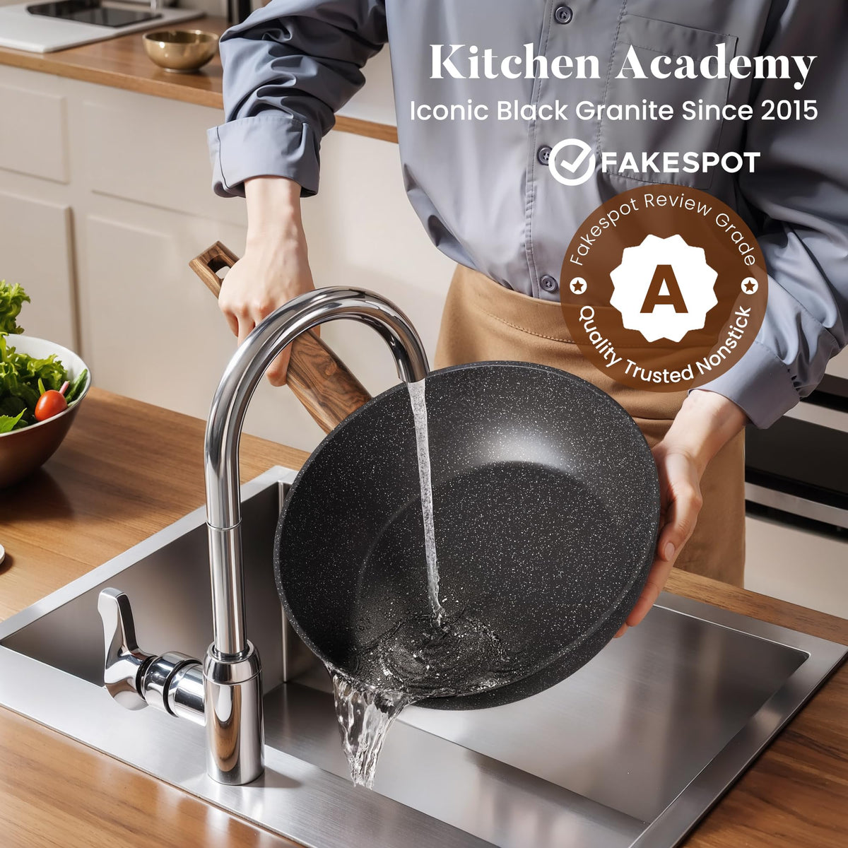 Kitchen Academy granite nonstick coating enables easy food release and quick cleanup.