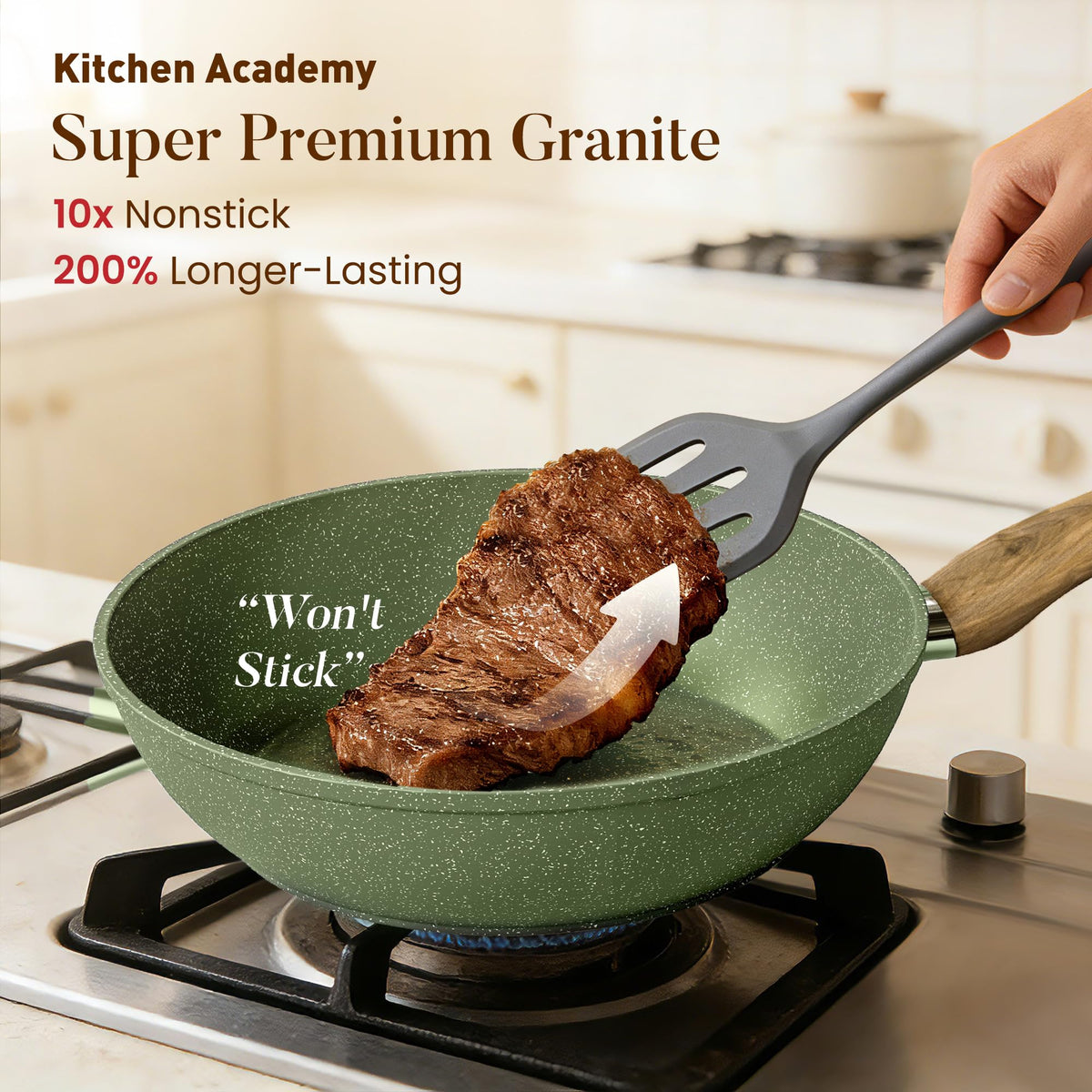 Kitchen Academy green granite nonstick coating for easy food release and cleanup.