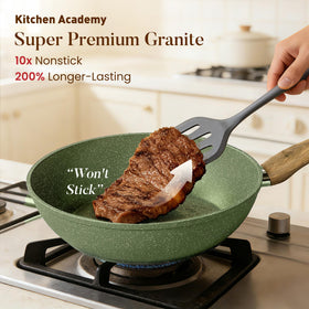 Kitchen Academy green granite nonstick coating for easy food release and cleanup.