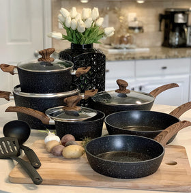 Kitchen Academy 12-piece induction set with granite nonstick coating for easy, healthier cooking.
