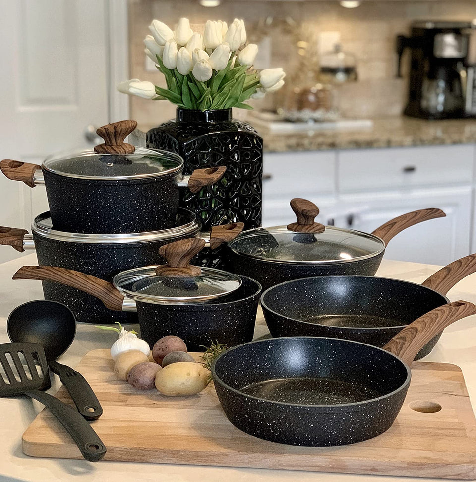 Kitchen Academy 12-piece induction set with granite nonstick coating for easy, healthier cooking.