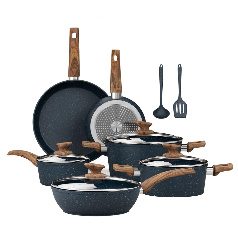 Kitchen Academy pots and pans set with non-stick granite coating for easy cleanup and healthier-looking meals.