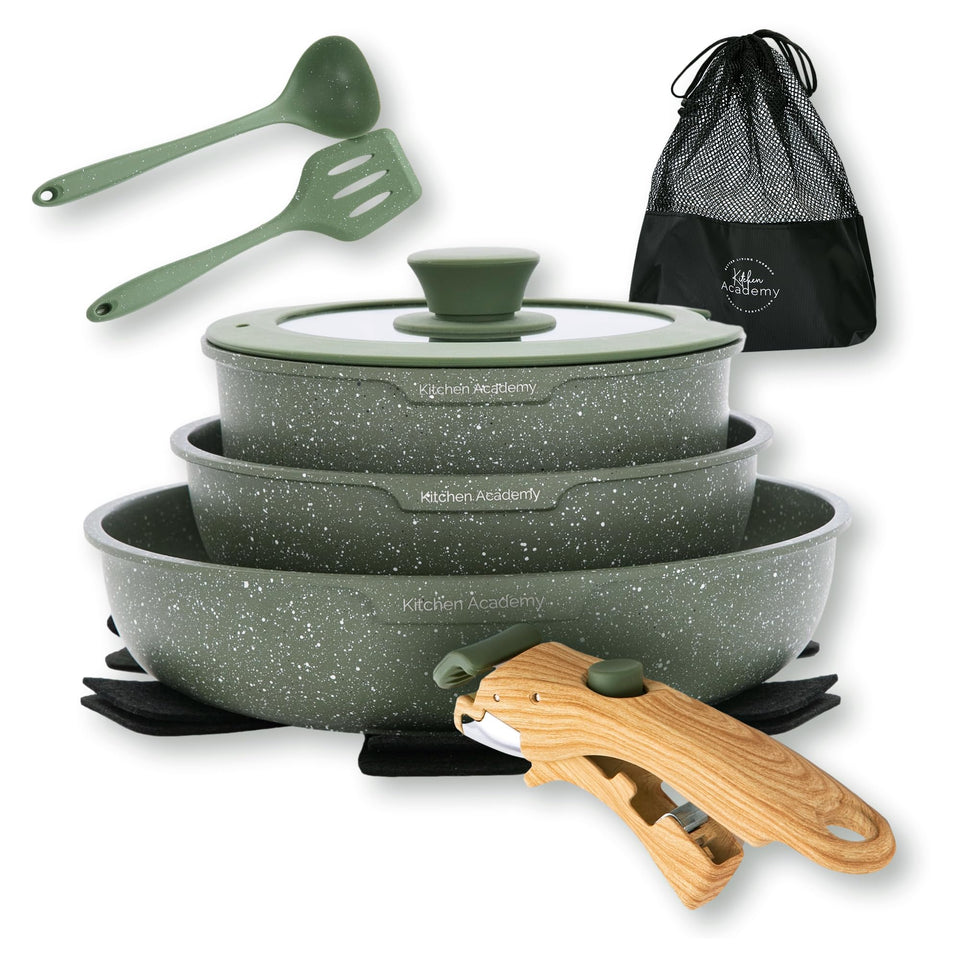Kitchen Academy removable-handle 8-inch fry pan enables compact RV cooking and easy storage.