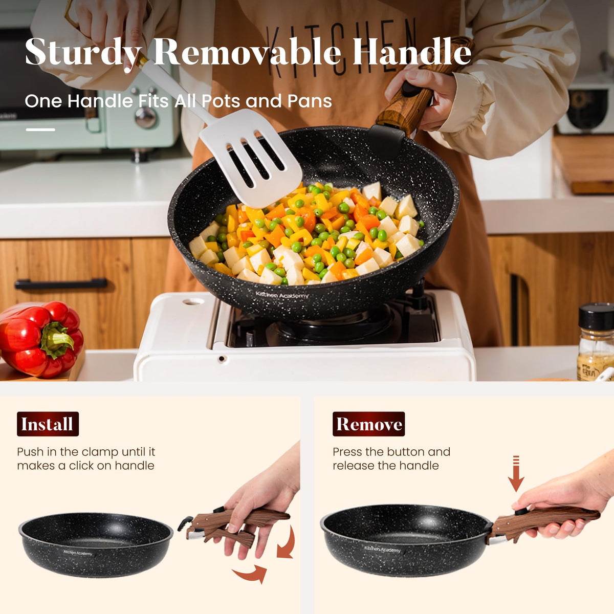 Kitchen Academy removable-handle 10-inch fry pan for versatile meals on the go