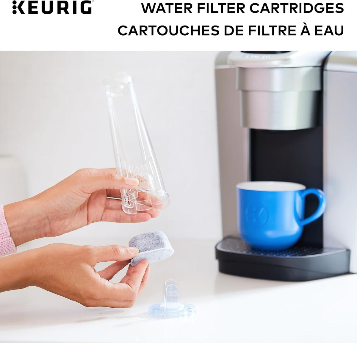 Kitchen counter setup with Keurig and filter handle.