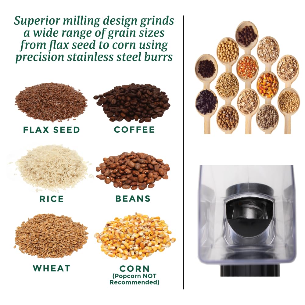 Kitchen Crop adjustable coarseness dial enables from cracked grains to fine flour.