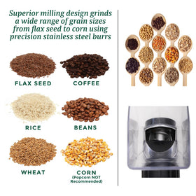 Kitchen Crop adjustable coarseness dial enables from cracked grains to fine flour.
