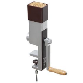 Kitchen Crop grain mill hand crank close-up showing sturdy burrs for fresh flour.