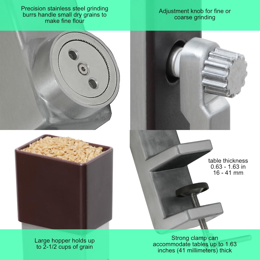 Kitchen Crop grain mill mounted securely with a clamp for countertop stability.