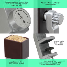 Kitchen Crop grain mill mounted securely with a clamp for countertop stability.