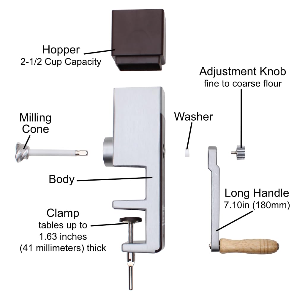 Kitchen Crop grain mill with stainless steel burrs, ready for stable grinding.