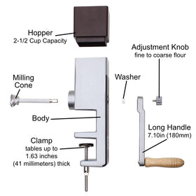 Kitchen Crop grain mill with stainless steel burrs, ready for stable grinding.