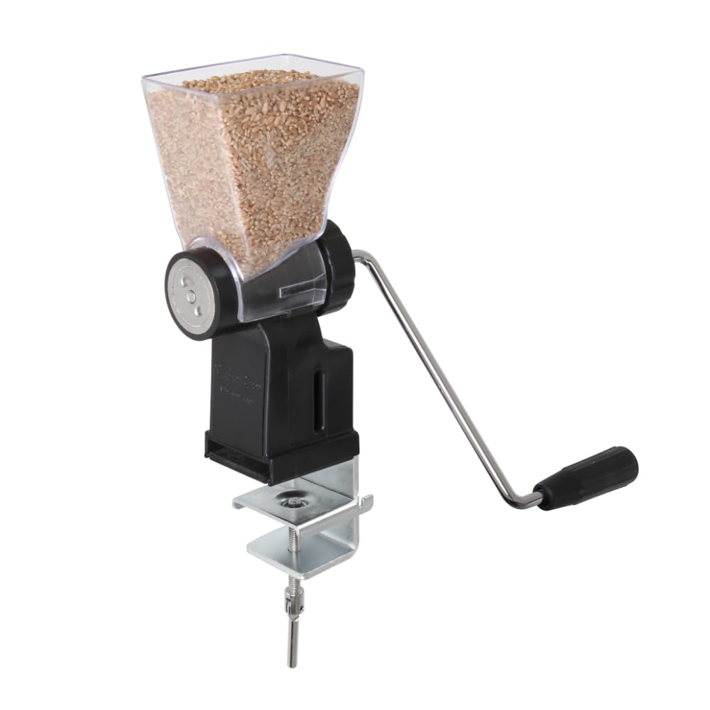 Kitchen Crop hand-crank grain mill with hopper enables fresh flour at home.