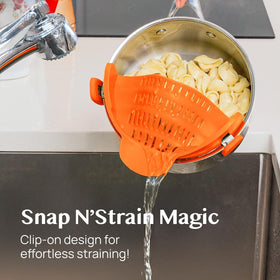 Kitchen Gizmo clip-on strainer fits pots and pans for versatile use