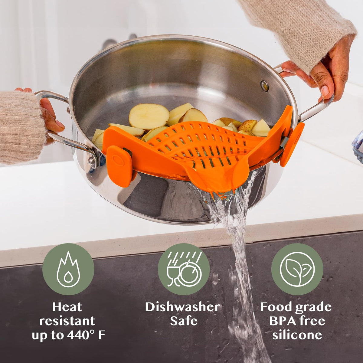 Kitchen Gizmo clip-on strainer universal fit for most cookware