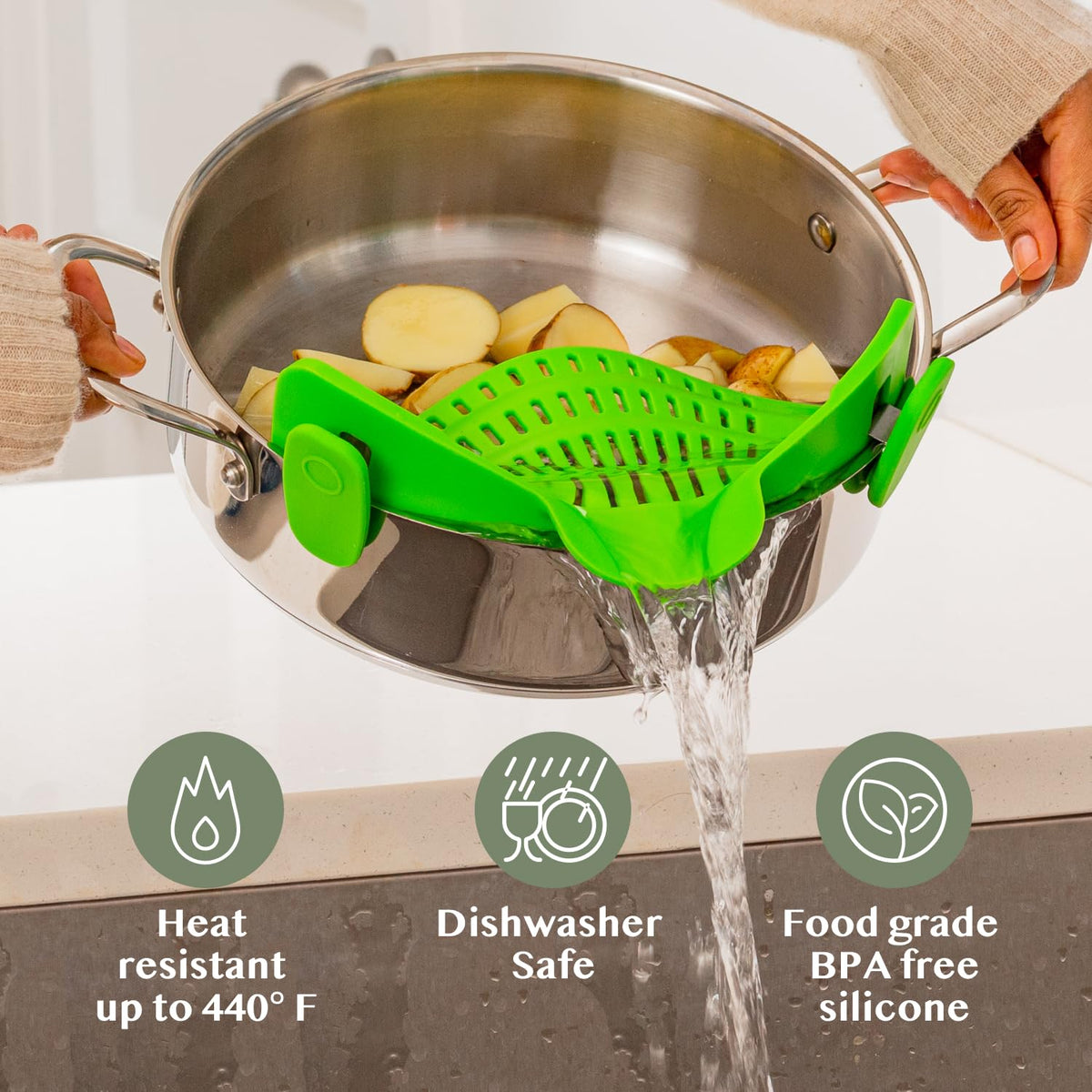 Kitchen Gizmo dishwasher-safe strainer cleans easily after meals