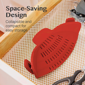 Kitchen Gizmo Snap N Strain bright red design adds cheerful flair to prep.