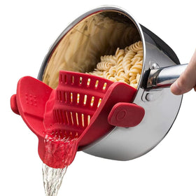 Kitchen Gizmo Snap N Strain clip-on fit on pots and bowls for mess-free draining.