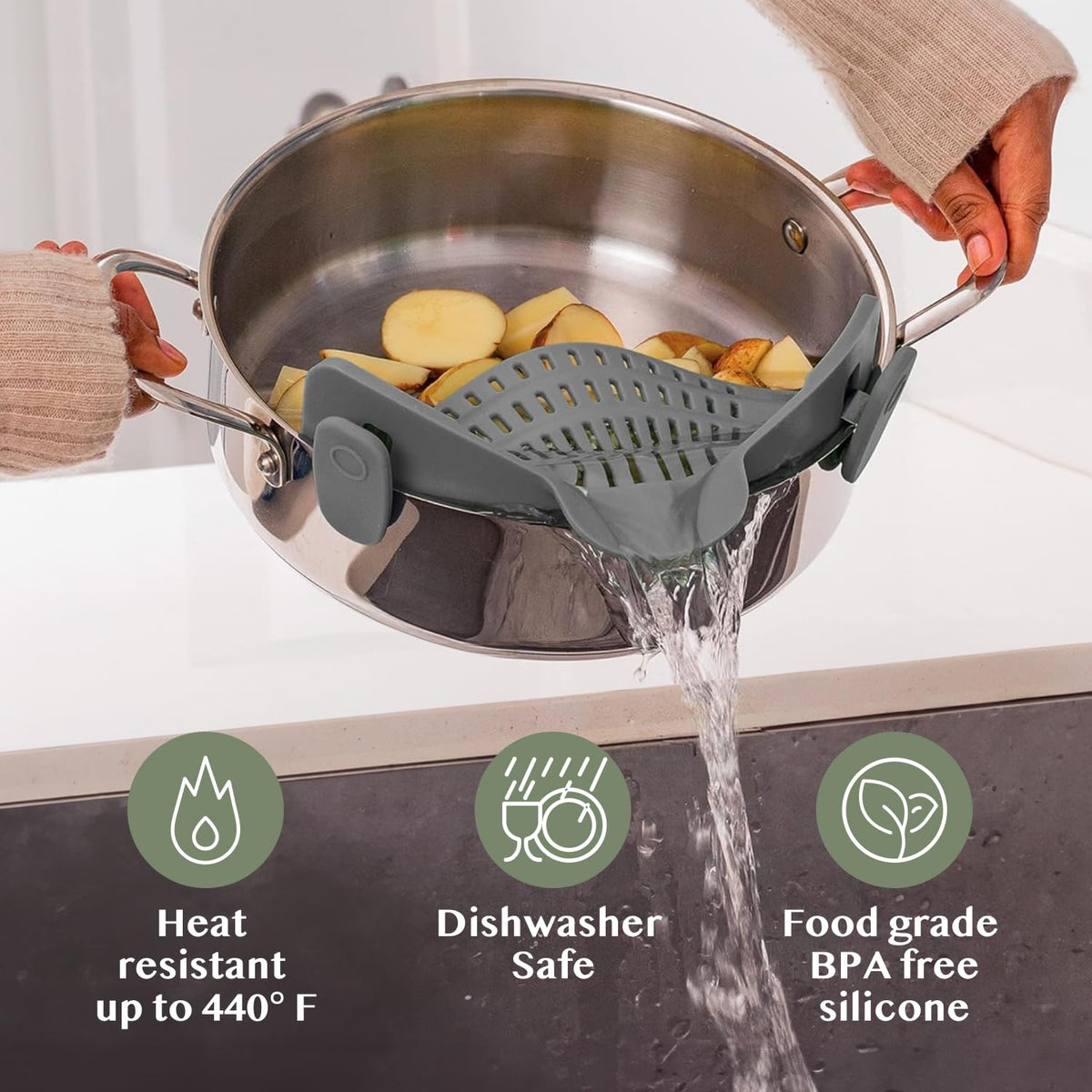 Kitchen Gizmo Snap N' Strain close-up shows durable heat-safe silicone material