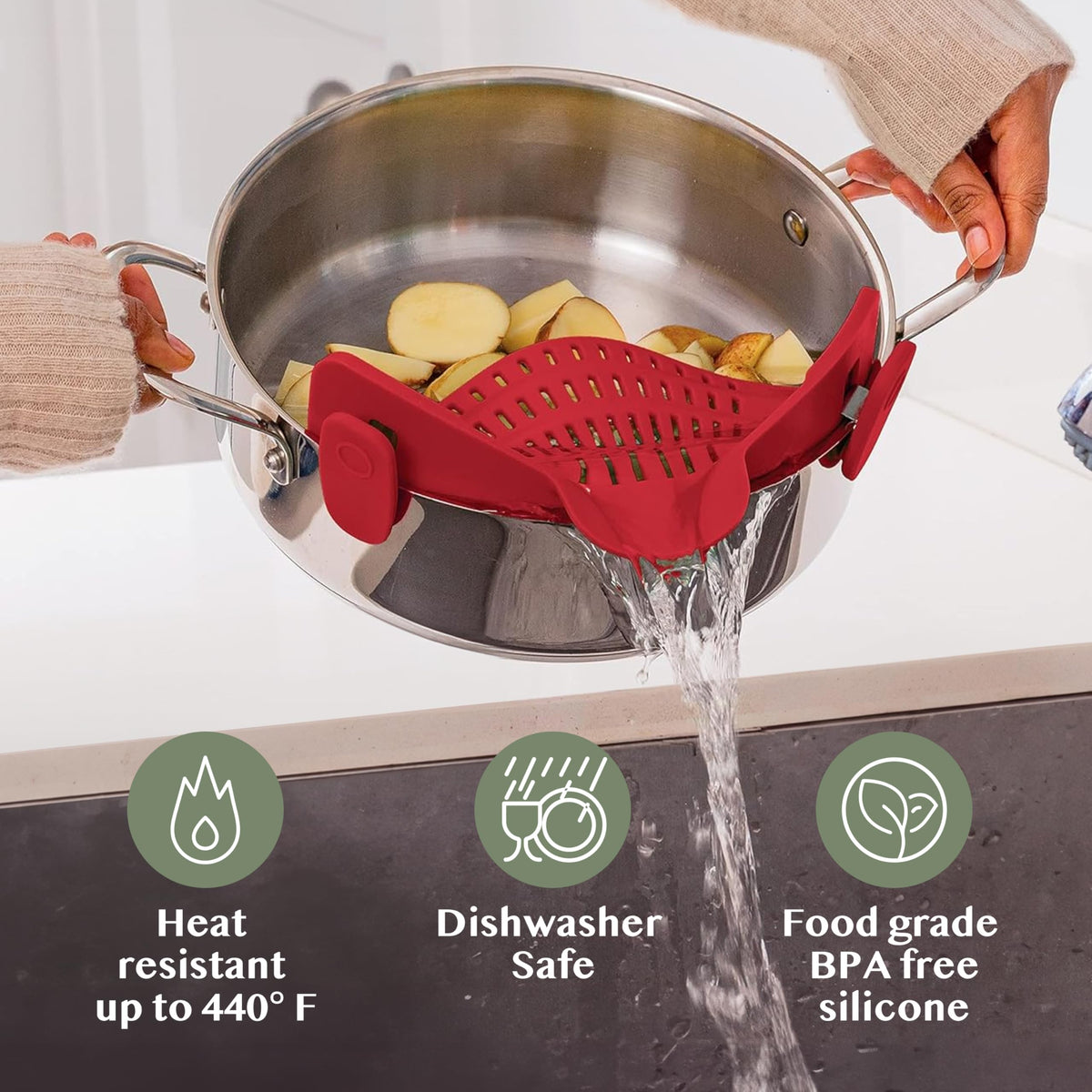 Kitchen Gizmo Snap N Strain dishwasher-safe cleanup after meals.
