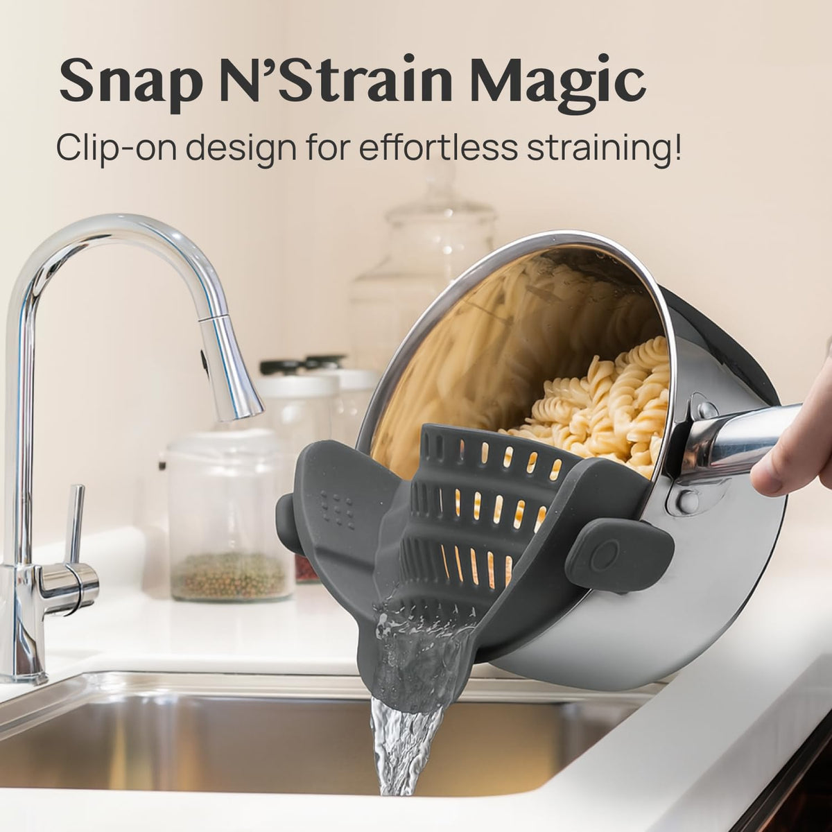 Kitchen Gizmo Snap N' Strain heat-resistant silicone withstands high temps during draining