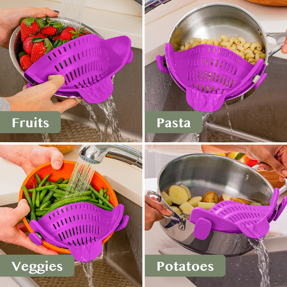 Kitchen Gizmo Snap N Strain space-saving clip-on in a compact kitchen