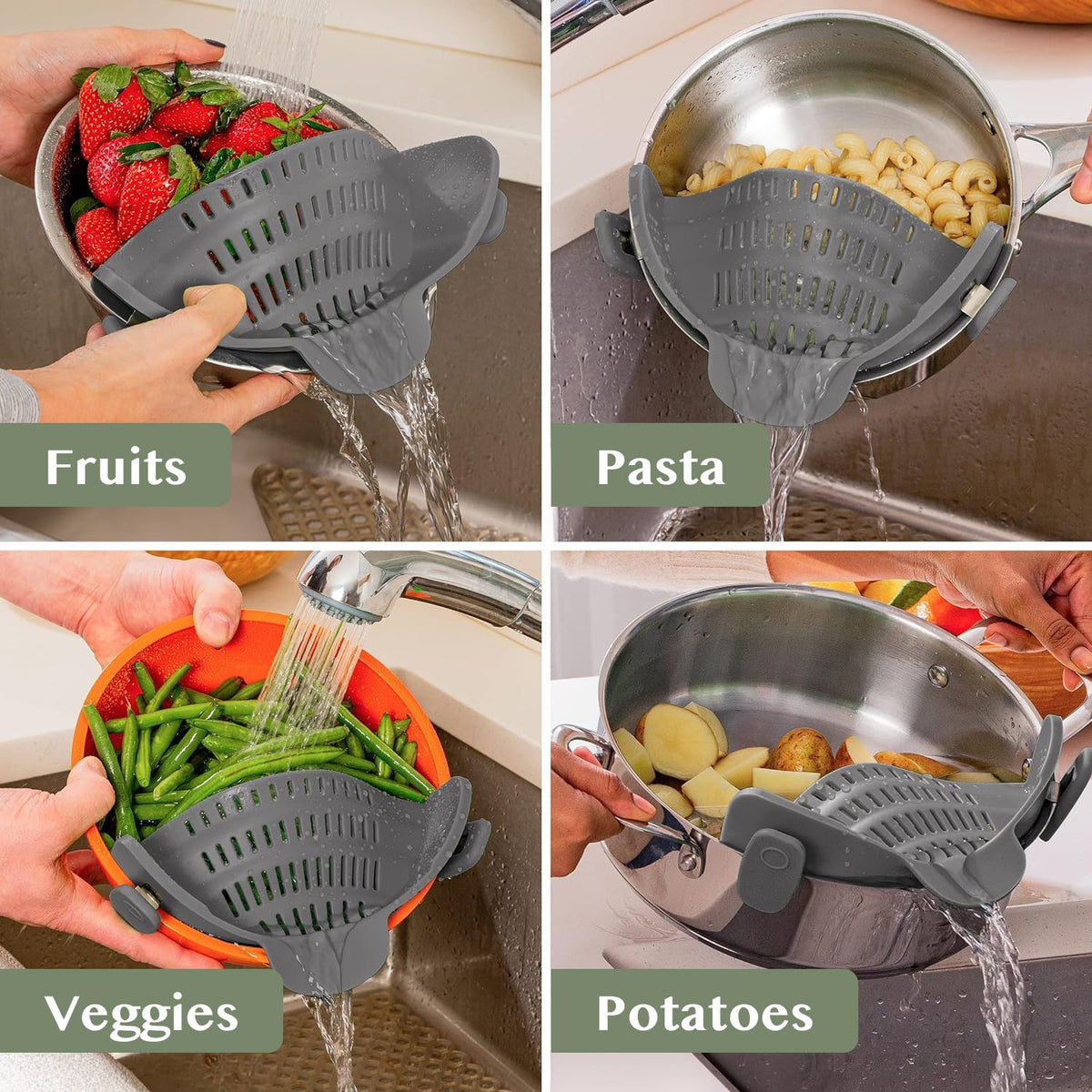 Kitchen Gizmo Snap N' Strain stores flat in a drawer for easy storage