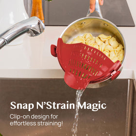 Kitchen Gizmo Snap N Strain clip-on feature with pots enables easy draining.