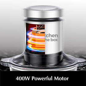 Kitchen in the box mini food processor 3-cup glass bowl provides BPA-free, easy-to-clean prep.