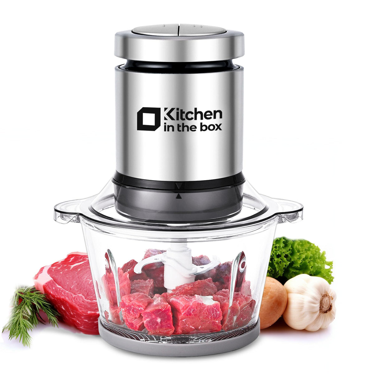 Kitchen in the box mini food processor bowl view shows a compact 3-cup BPA-free bowl for quick chopping.