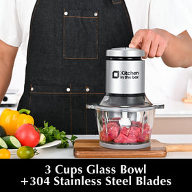Kitchen in the box mini food processor S-blades deliver clean cuts for vegetables, nuts, and meat.
