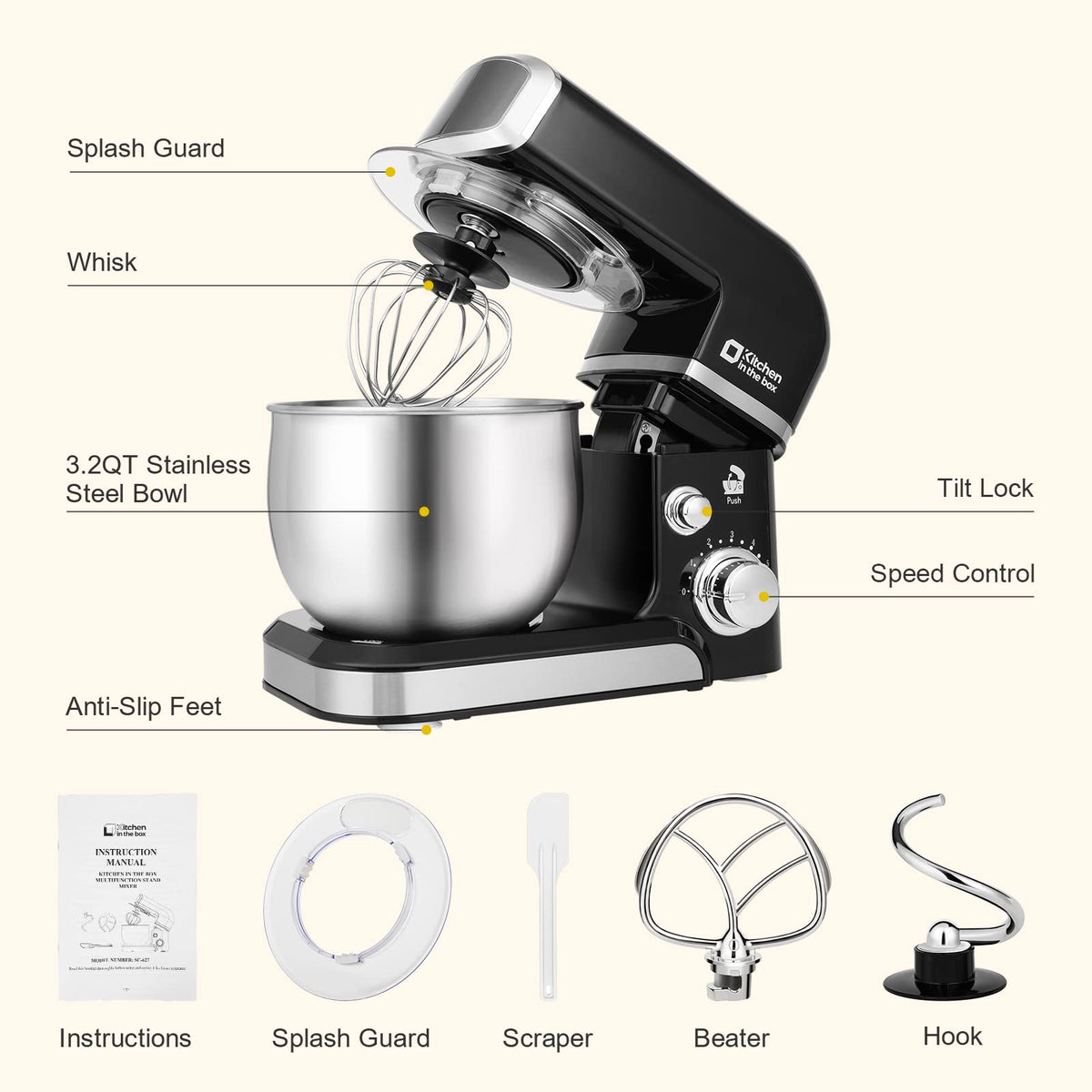 Kitchen in the Box stand-mixer-3-2qt-bowl emphasizes the bowl size for daily tasks