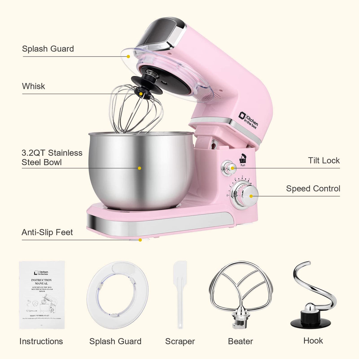 Kitchen in the Box pink stand mixer with bowl attachment ready for mixing