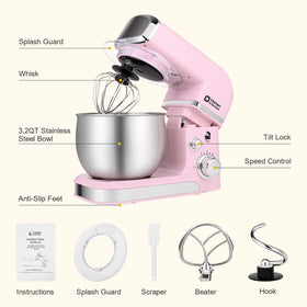 Kitchen in the Box pink stand mixer with bowl attachment ready for mixing