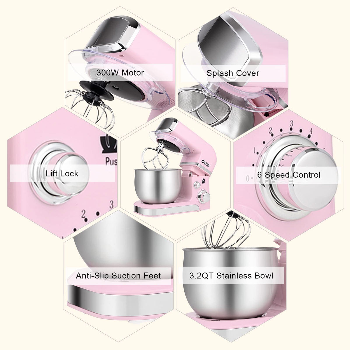 Kitchen in the Box pink stand mixer with flat beater for batters