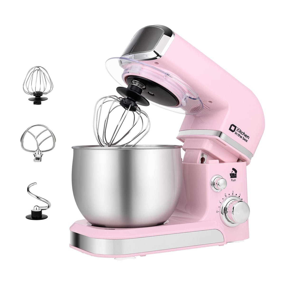 Kitchen in the Box pink stand mixer front view showing compact design for small kitchens