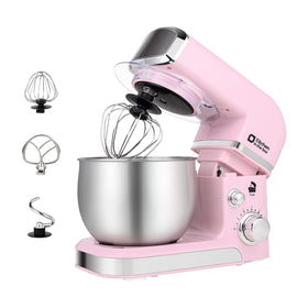 Kitchen in the Box pink stand mixer front view showing compact design for small kitchens