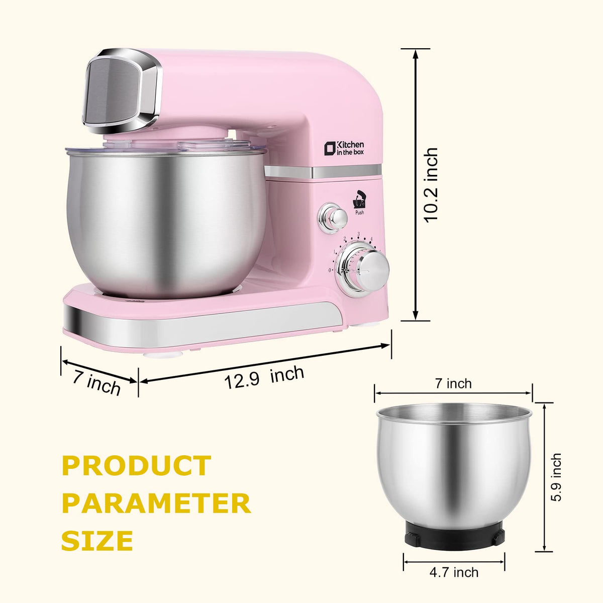 Kitchen in the Box pink stand mixer side view highlighting its slim footprint