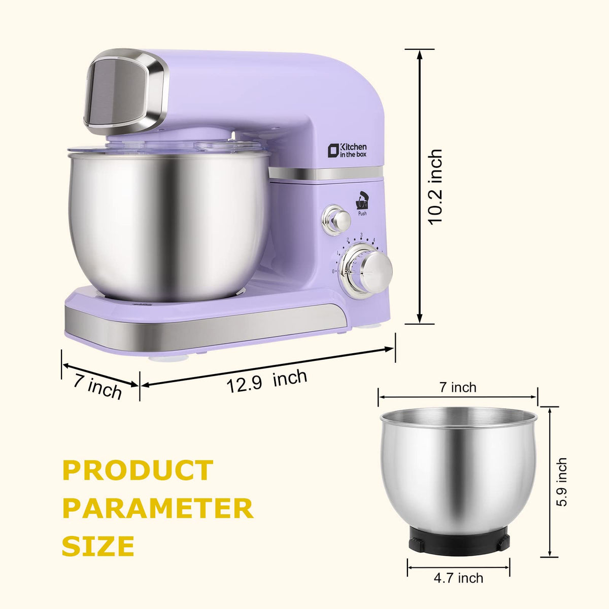 Kitchen in the box purple bowl view shows 3.2Qt capacity for small-batch mixing