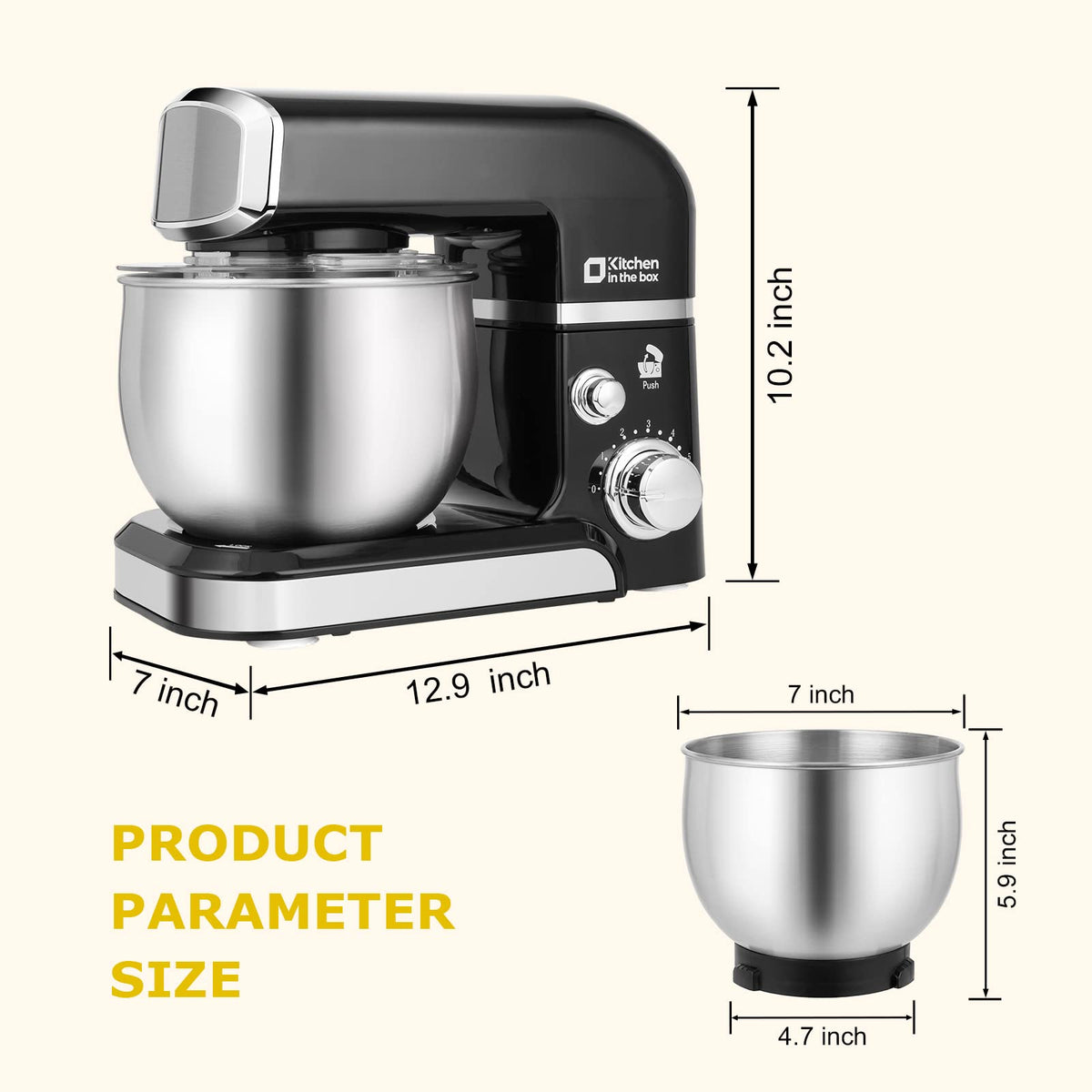 Kitchen in the Box stand-mixer-tilt-head-bowl shows easy access to the 3.2 Qt bowl