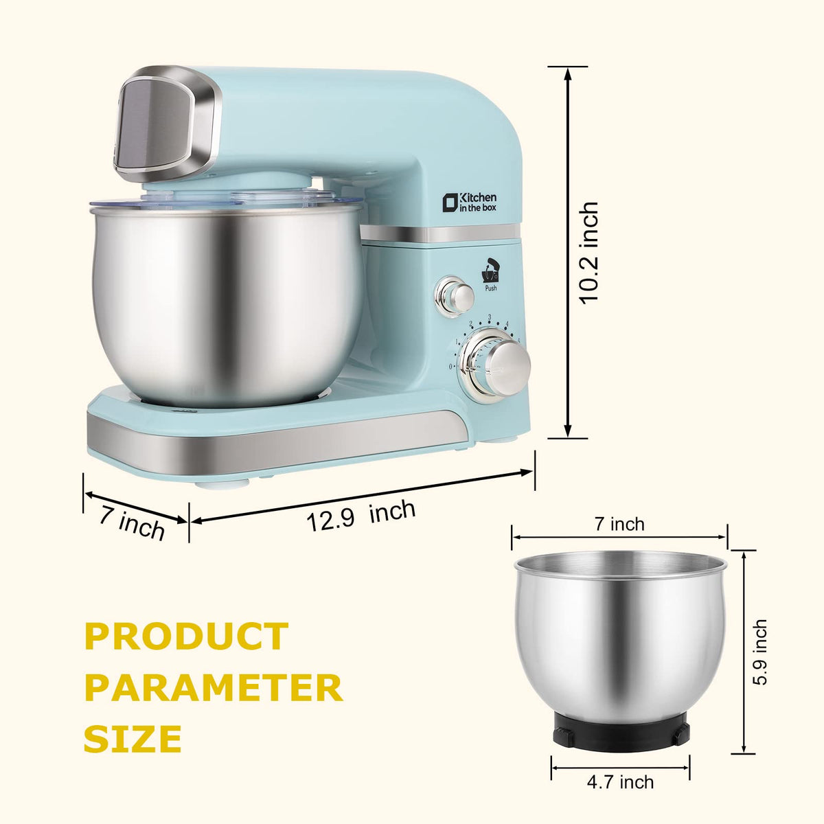 Tilt-head Kitchen in the box stand mixer for easy bowl access and changes