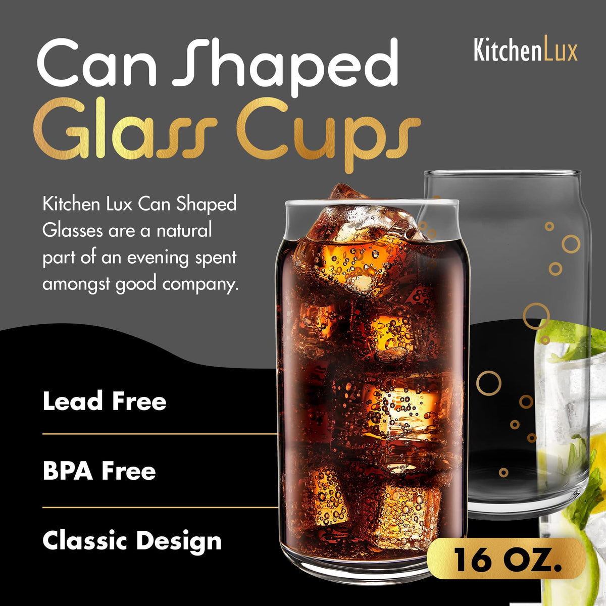Kitchen Lux beer-can glass clear tumbler enhances presentation of cold beverages.