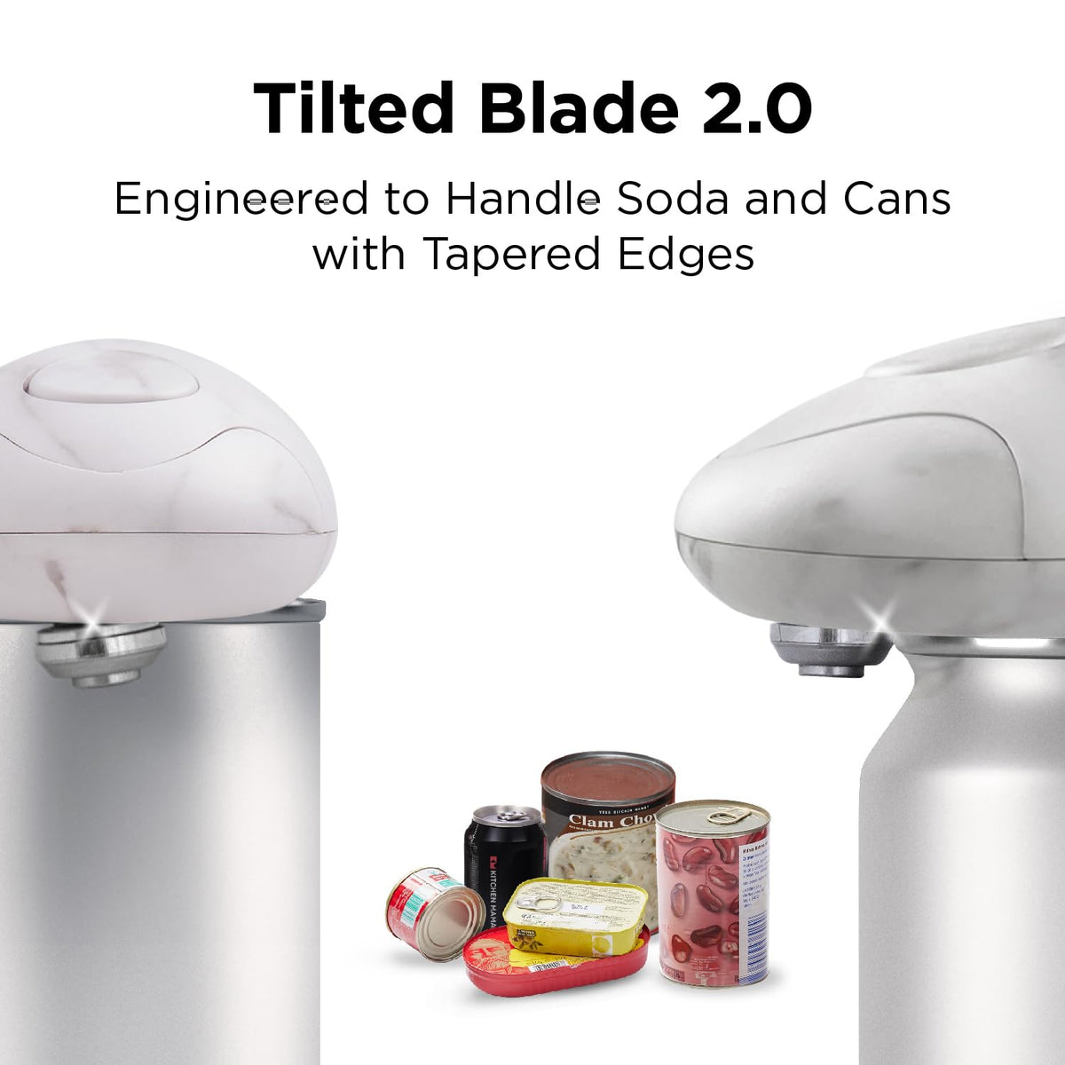 Kitchen Mama Auto 2.0 opens soda cans with curved shapes for easy use.