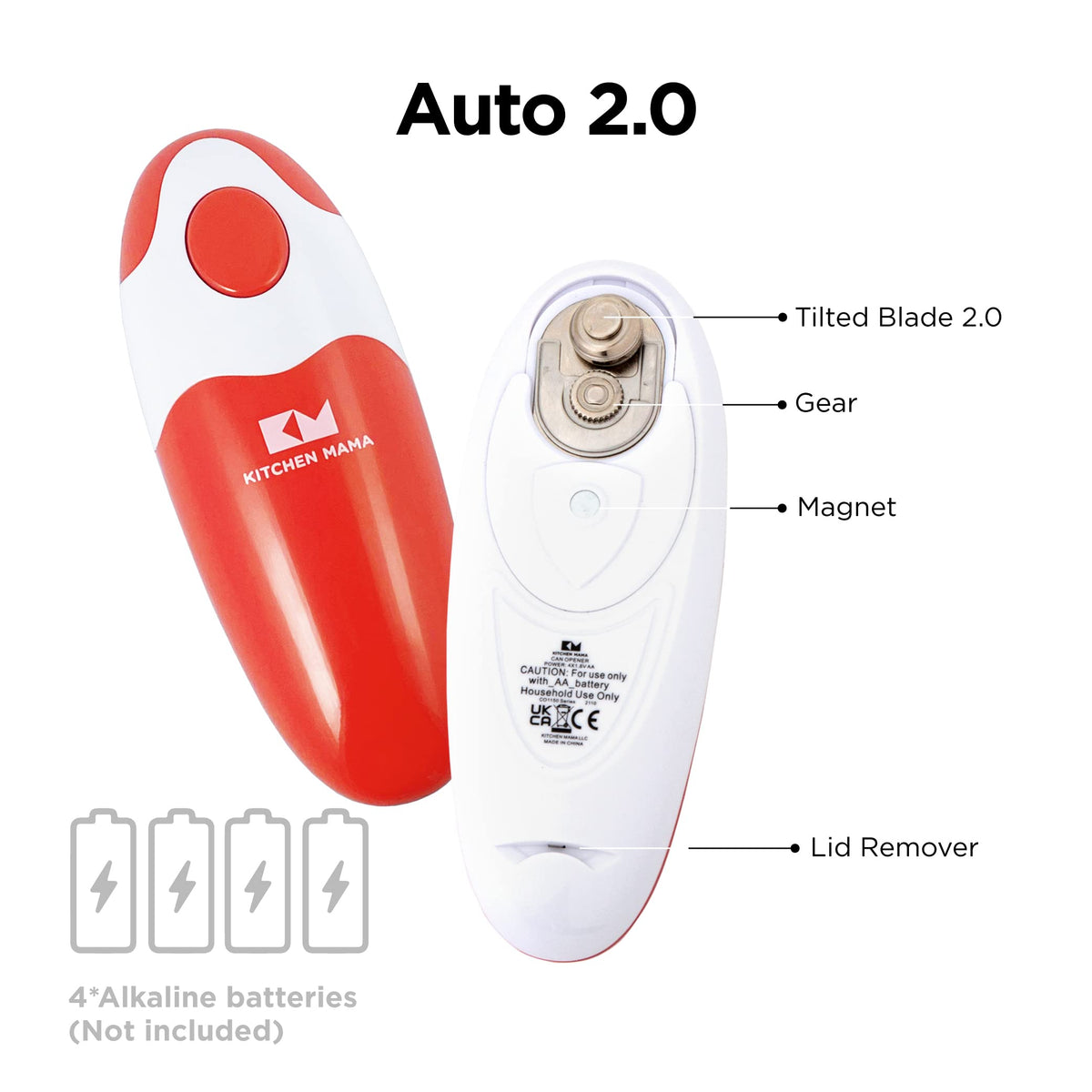Kitchen Mama Auto 2.0 tilted blade opens lids without touching food, leaving smooth edges.