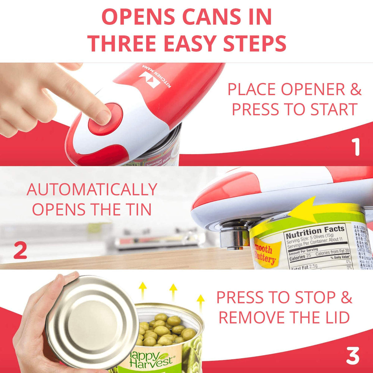 Kitchen Mama auto can opener edges smooth, showing safe, burr-free cans for family kitchens.