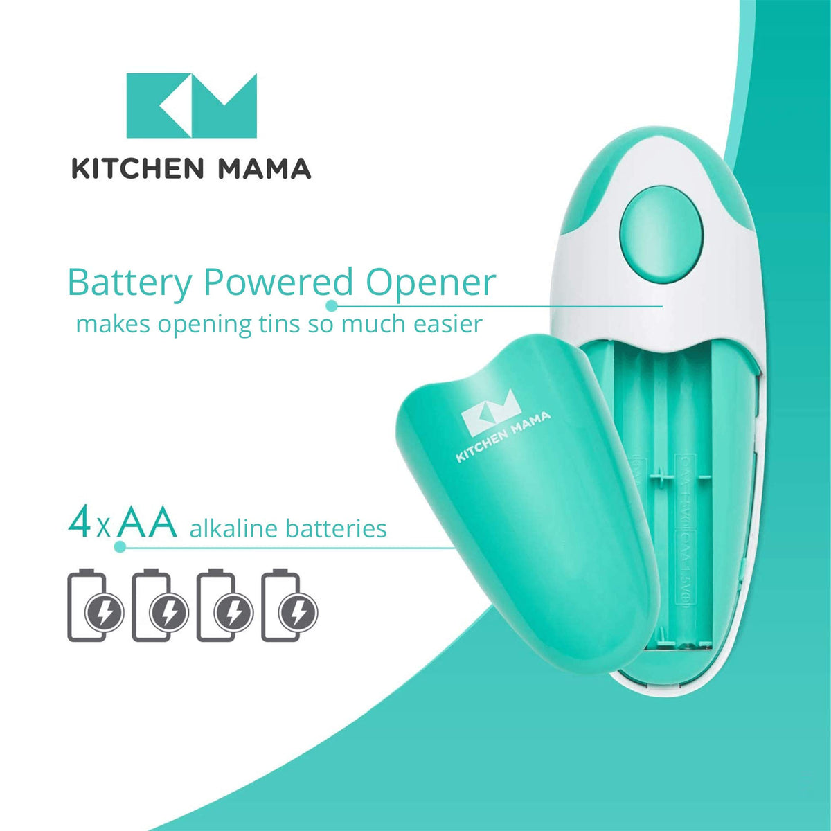 Kitchen Mama teal in-use shot, opens cans safely with one touch