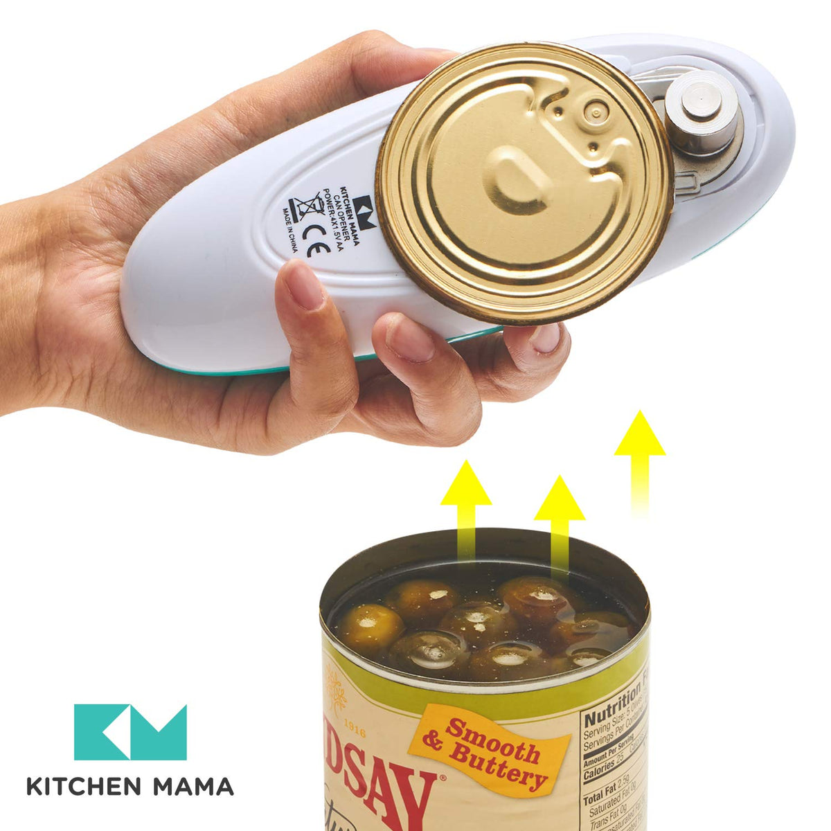 Kitchen Mama teal can opener in kitchen setup, aids quick prep